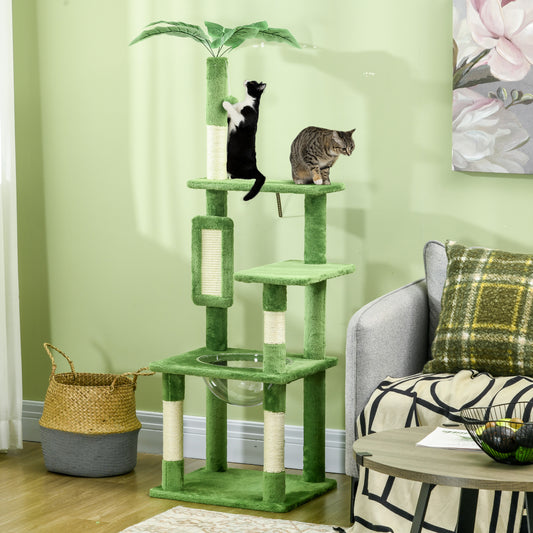 PawHut 142cm Cat Tree Tower, with Scratching Post, Hammock, Toy Ball, Platforms - Green