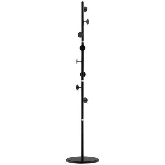 HOMCOM Coat Rack Free Standing Hall Tree with 8 Round Disc Hooks for Clothes, Hats,Purses, Steel Entryway Coat Stand with Marble Base for Entryway, Living Room, Bedroom, Black