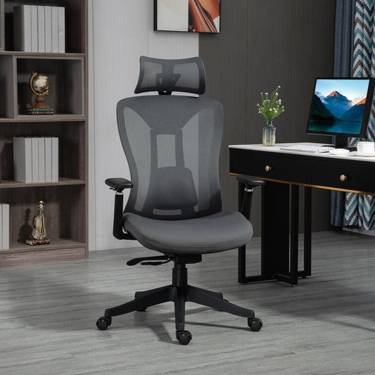 Vinsetto Mesh Office Chair, Ergonomic Desk Chair, Computer Chair with Adjustable Headrest and Lumbar Support, 135√Ç¬∞ Reclining Back and 3D Armrest for Home Office Study, Grey