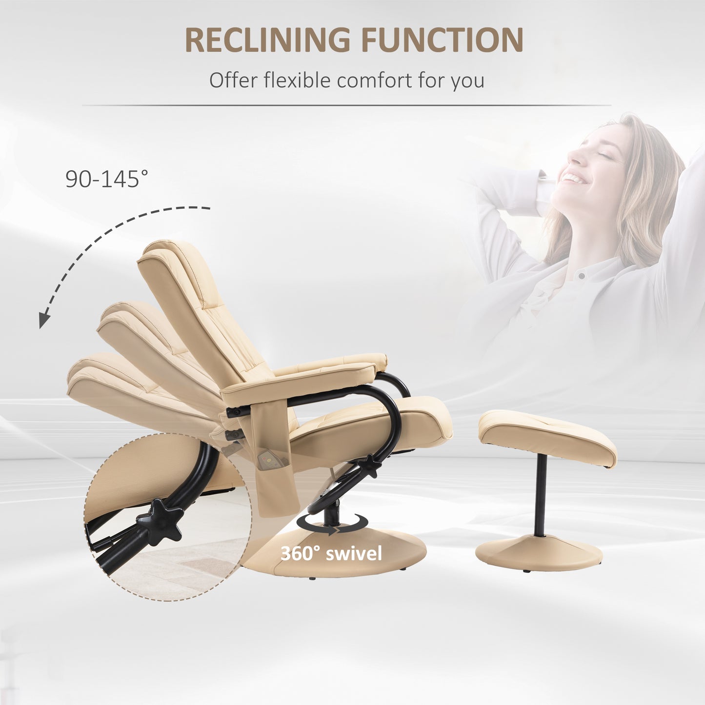 HOMCOM Swivel Recliner Chair and Footstool, Faux Leather Massage Recliner Armchair with Remote Control and Round Wrapped Base, Cream
