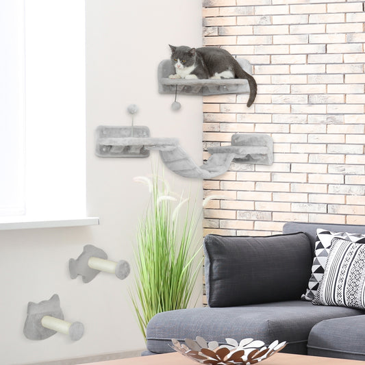 PawHut 4-Piece Cat Wall Shelves with Steps, Ladder, Jumping Platforms, Light Grey