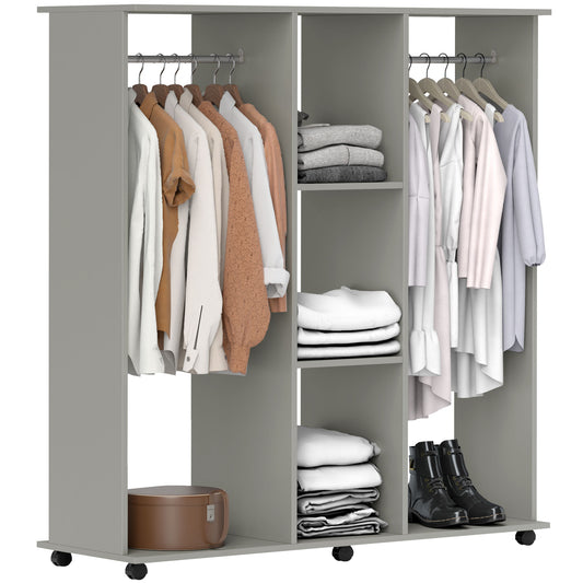 HOMCOM Open Wardrobe Double Mobile Storage Shelves Organizer W/6 Wheels-Grey