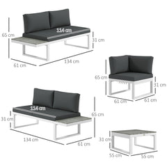 Outsunny 4 Pieces Patio Garden Set with 5-Level Recline Corner Sofa, Outdoor Garden Lounge Sectional Conversation Sofa Set with Cushions, Wood Grain Plastic Table, White Frame Grey Cushion