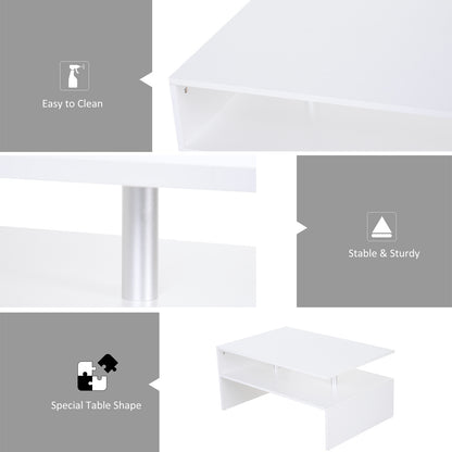 HOMCOM Coffee Table with Storage, 2-Tier Centre Table, Modern Living Room Table with Open Shelf and Aluminium Poles, White