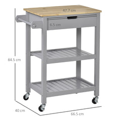 HOMCOM Kitchen Trolley Utility Cart on Wheels with Rubberwood Worktop, Towel Rack, Storage Shelves & Drawer for Dining Room, Grey