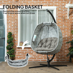 Outsunny Hanging Egg Chair Outdoor Indoor Garden Swing Chair with Folding Basket, Garden Hanging Chair with Stand, Thickened Cushion, Cup Holder for Patio, Balcony, Sand Brown