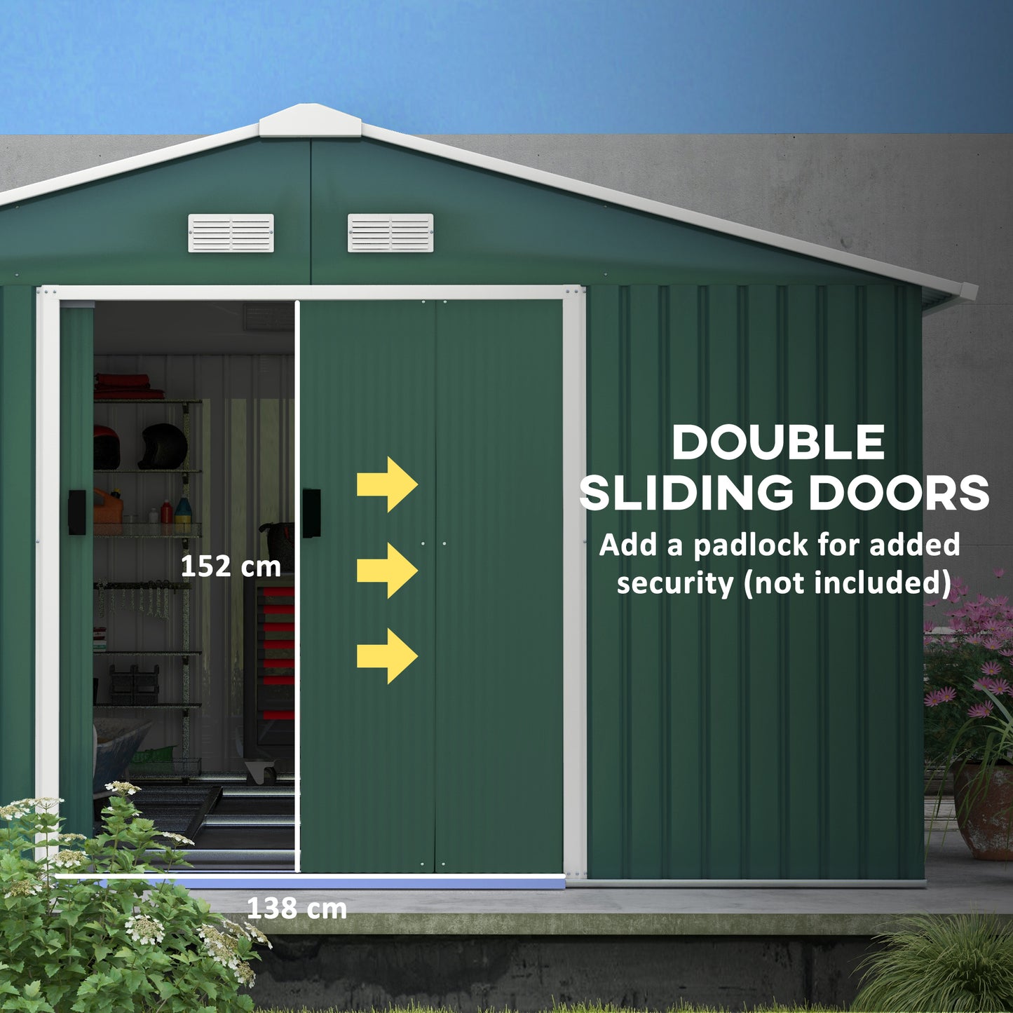 Outsunny 12.5 x 11.1ft Steel Sliding Door Storage Shed - Green