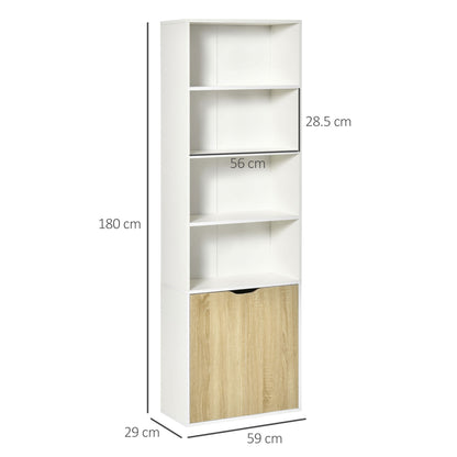 HOMCOM 6-Tier Tall Bookcase, Bookshelf with 4 Open Shelves and Double Door Storage Cabinet, Freestanding Display Rack for Living Room, Bedroom, Home Office, Study, 59 x 29 x 180cm, White and Oak