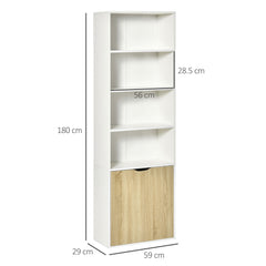 HOMCOM 6-Tier Tall Bookcase, Bookshelf with 4 Open Shelves and Double Door Storage Cabinet, Freestanding Display Rack for Living Room, Bedroom, Home Office, Study, 59 x 29 x 180cm, White and Oak