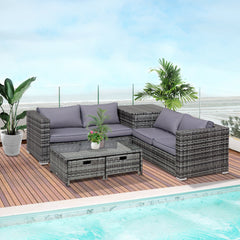 Outsunny 4 Pcs Rattan Wicker Garden Furniture Patio Sofa Storage & Table Set w/ 2 Drawers Coffee Table,Great Cushioned 4 Seats Corner Sofa - Grey