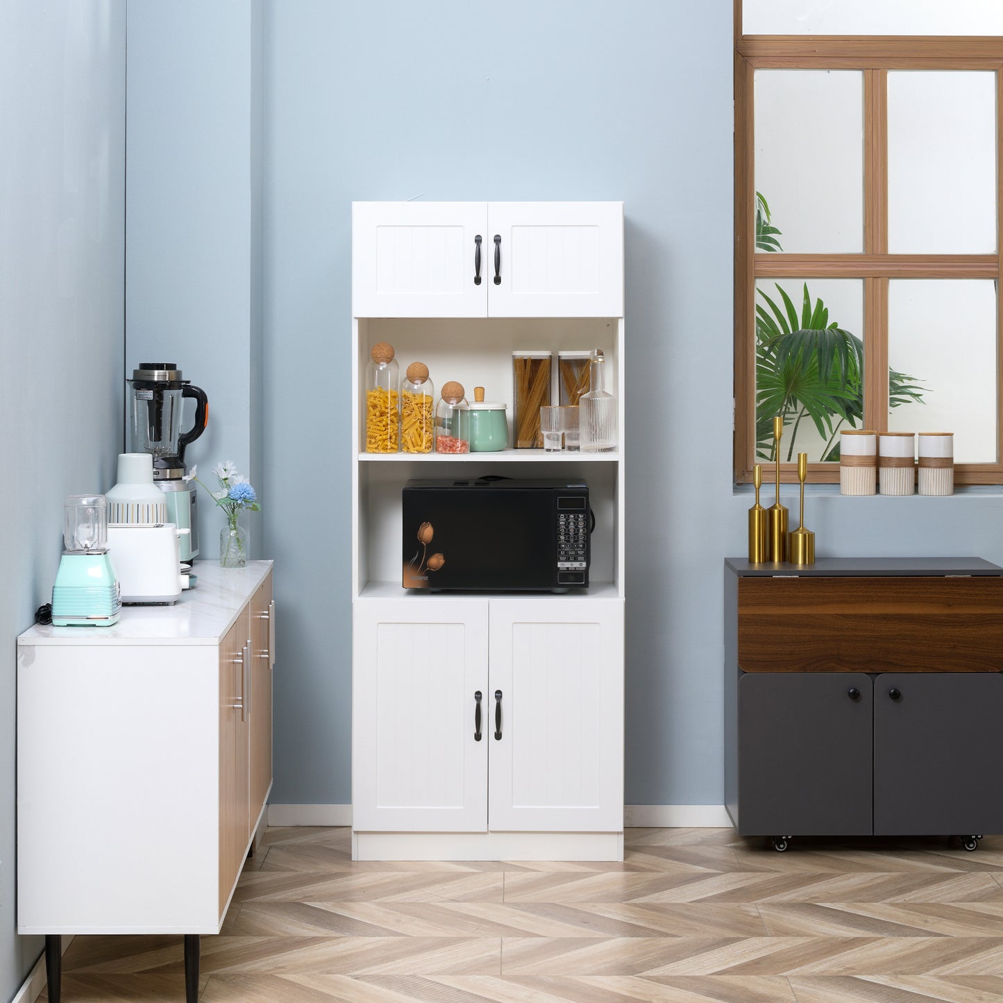 HOMCOM Kitchen Cupboard, 5-Tier Storage Cabinet with Adjustable Bottom Shelf, Open Microwave Countertop, White
