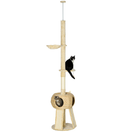 PawHut 255cm Cat Tree Tower for Indoor Cats, with Scratching Post, Cat House, Platform - Beige