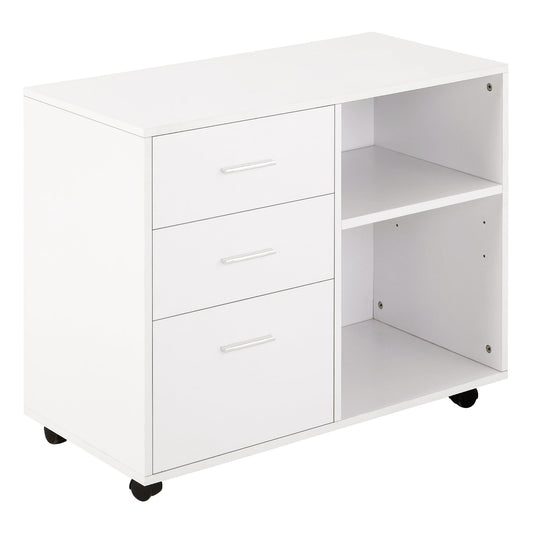 HOMCOM Freestanding Printer Stand Unit Office Desk Side Mobile Storage w/ Wheels 3 Drawers, 2 Open Shelves Modern Style 80L x 40W x 65H cm - White