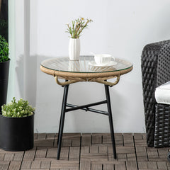 Outsunny Rattan Side Table, Round Outdoor Coffee Table, with Round PE Rattan and Tempered Glass Table Top for Patio, Garden, Balcony, Beige