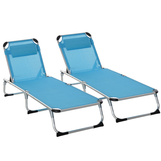 Outsunny 2 Pieces Foldable Outdoor Sun Lounger with Pillow, 5-Level Adjustable Reclining Lounge Chair, Aluminium Frame Camping Bed Cot, Blue