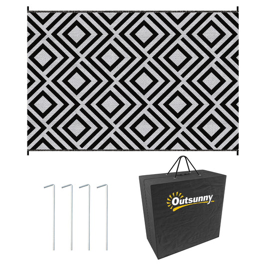 Outsunny Reversible Outdoor Rug, Plastic Straw Mat w/ Carry Bag Ground Stakes for Garden RV Picnic Beach Camping 182x274cm Black