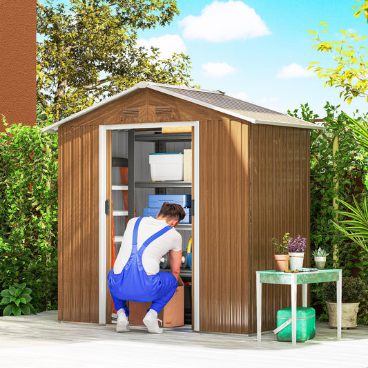 Outsunny 6.5 x 3.5ft Metal Garden Storage Shed - Brown Wood Effect