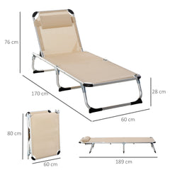 Outsunny 2 Pieces Foldable Outdoor Sun Lounger with Pillow, 5-Level Adjustable Reclining Lounge Chair, Aluminium Frame Camping Bed Cot, Khaki