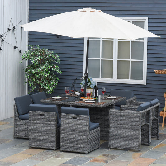 Outsunny 8 Seater Rattan Cube Garden Furniture Set with Parasol Hole, Rattan Dining Set with Cushions, Outdoor Dining Table and Chairs with Square Glass Top Table for Patio, Balcony, Mixed Grey