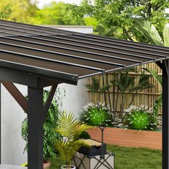 Outsunny 3 x 4.3m Metal Pergola with UPF 50+ and Waterproof Polycarbonate Roof, Wall-Mounted or Free Standing Garden Gazebo, Wind-resistant Outdoor Sun Shade, Dark Grey