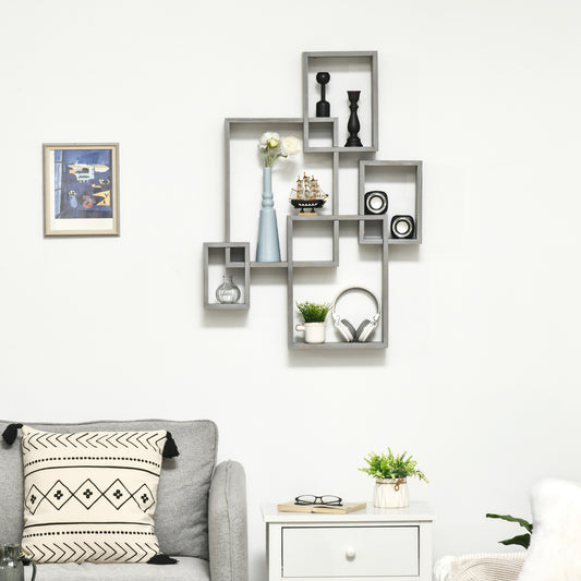 HOMCOM Floating Shelves, Wall Mounted Interlocking Cube Shelves, Display Wall Shelf for Living Room, Bedroom, Hallways, Grey