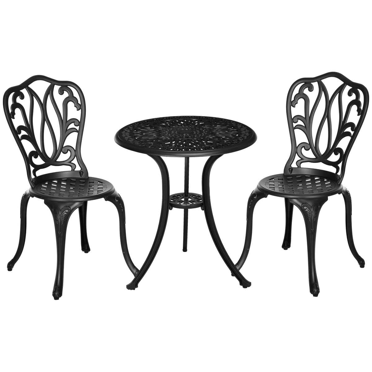 Outsunny 3 Piece Garden Bistro Set, Cast Aluminium Outdoor Furniture Set with Umbrella Hole for Balcony, Porch, Patio, Black