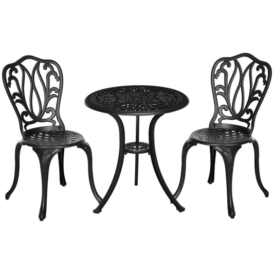 Outsunny 3 Piece Garden Bistro Set, Cast Aluminium Outdoor Furniture Set with Umbrella Hole for Balcony, Porch, Patio, Black