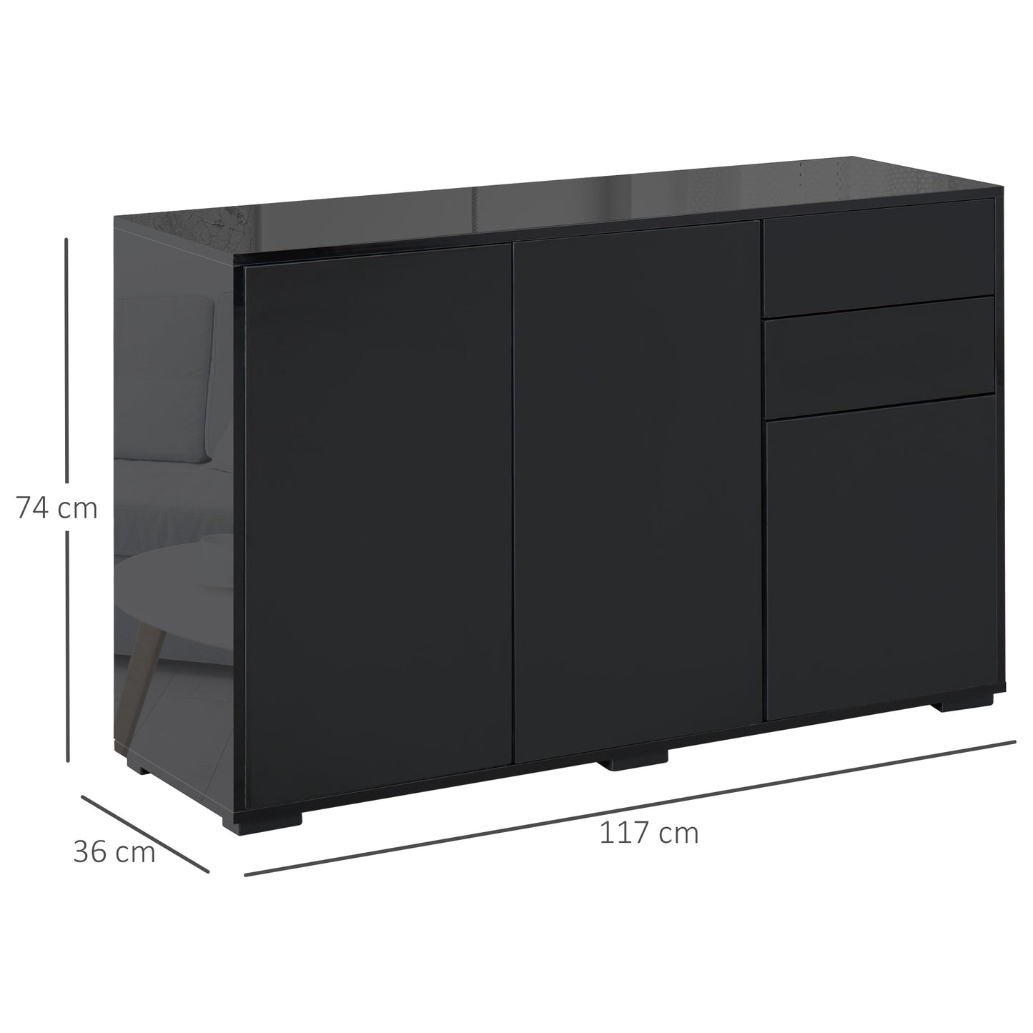 HOMCOM High Gloss Side Cabinet, Push-Open Design with 2 Drawers and 2 Cabinets for Living Room, 74H x 117W x 36Dcm, Black