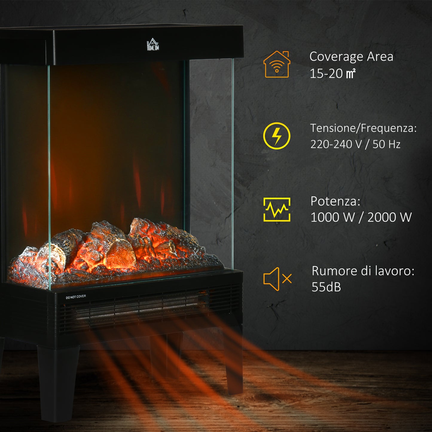 HOMCOM 180√Ç¬∞ Charming Electric Fireplace Heater, Quiet Freestanding Stove with LED Flame Effect, Level-less Temperature Control, Overheating Protection, 1000W/2000W, Black