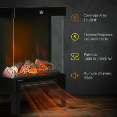 HOMCOM 180√Ç¬∞ Charming Electric Fireplace Heater, Quiet Freestanding Stove with LED Flame Effect, Level-less Temperature Control, Overheating Protection, 1000W/2000W, Black