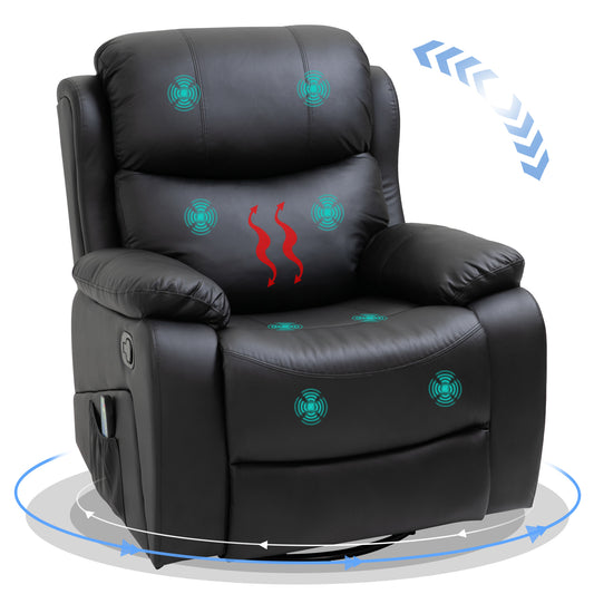 HOMCOM PU Leather Reclining Chair with 8 Massage Points and Heat, Manual Recliner with Swivel Base, Footrest and Remote, Black