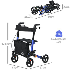 HOMCOM 4 Wheel Rollator with Seat and Back, Folding Mobility Walker with Carry Bag, Adjustable Height, Dual Brakes, Cane Holder, Lightweight Aluminium Walking Frame for Seniors and Disabled, Blue