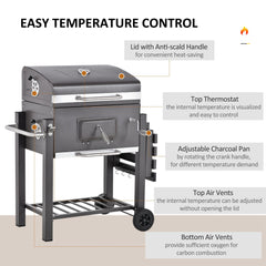 Outsunny Charcoal Grill BBQ Trolley with Adjustable Charcoal Grate, Garden Metal Smoker Barbecue with Shelf, Side Table, Wheels, Built-in Thermometer, Bottle Opener