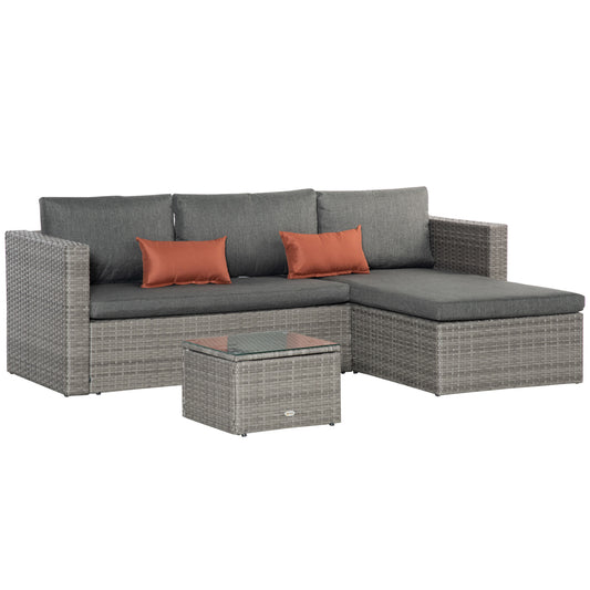 Outsunny 3 Pieces Outdoor PE Rattan Sofa Set, Patio Wicker Conversation Chaise Lounge Furniture w/ Tempered Glass Table-top & Soft Padded Cushion for Garden, Backyard, Lawn, Grey