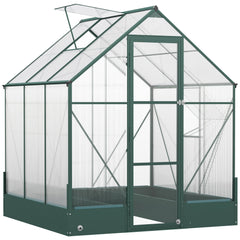 Outsunny 6x6 FT Polycarbonate Greenhouse with Base and Raised Bed, Walk-in Greenhouse with Aluminium Frame, Temperature Controlled Window, Foundation for Plants, Flowers, Vegetable