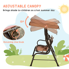 Outsunny 2 Seater Kids Garden Swing Seat, Children Outdoor Patio Lounge Chair for Gardens w/ Adjustable Awning, Seatbelt, Monkey Pattern - Brown