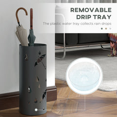 HOMCOM Freestanding Umbrella Stand for Hallway, Round Umbrella Basket with 4 Hooks and Drip Tray for Entryway, Dark Grey