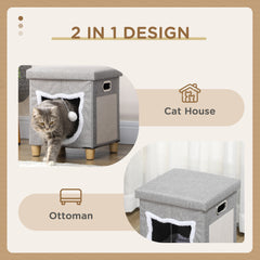 PawHut 2 in 1 Cat Bed Ottoman, Comfortable Cat Sleeping Cave House w/ Removable Cushion, Scratching Pad, Handles, Anti-Slip Foot Pad, Toy Ball, Entrance - Grey