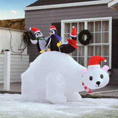 HOMCOM 5ft Outdoor Christmas Inflatable with LED Light, Lighted Blow up Polar Bear with Three Penguins, Giant Yard Party Decoration for Home Garden Lawn Party Prop