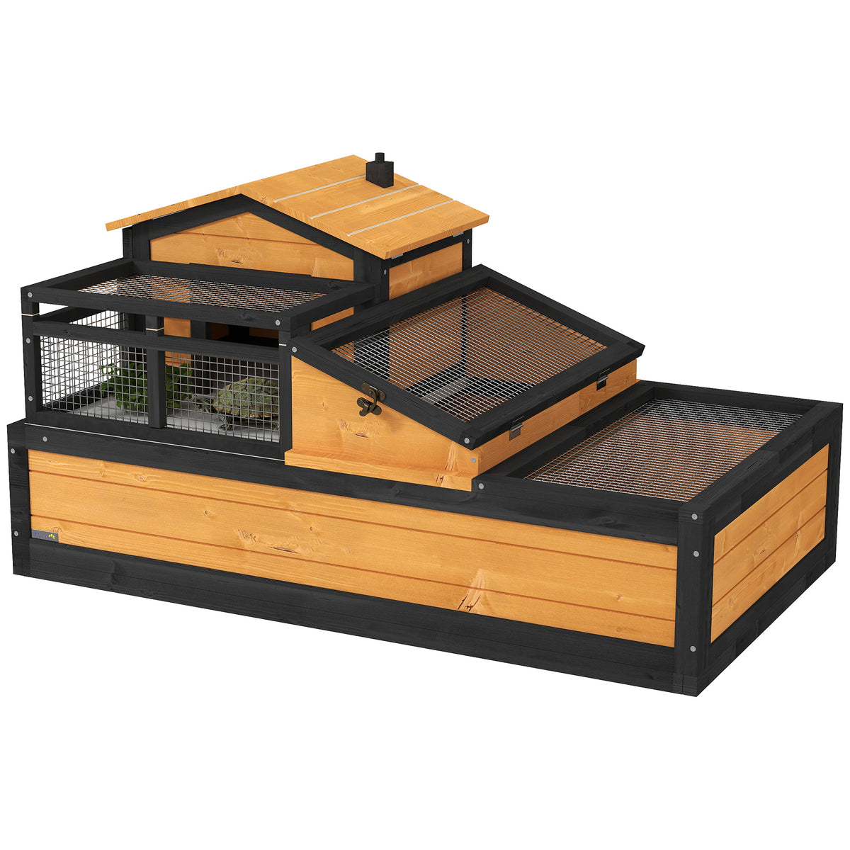 PawHut Wooden Tortoise House with Balcony, Tray, Roof, for Indoor and Outdoor, Yellow