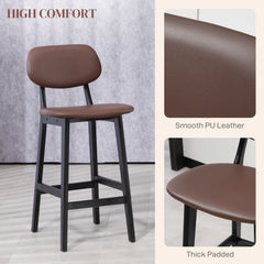 HOMCOM Bar Stools Set of 2, Contemporary Breakfast Bar Chairs, Faux Leather Upholstered Kitchen Stools with Backs and Solid Wood Legs, Brown