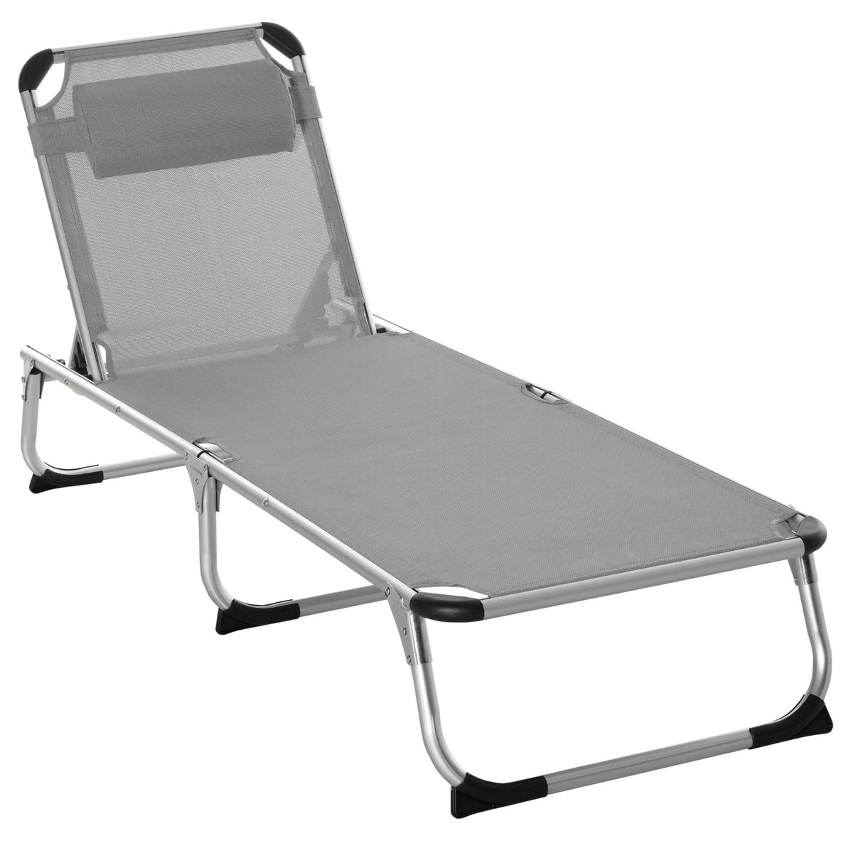 Outsunny Foldable Reclining Sun Lounger Lounge Chair Camping Bed Cot w/ Pillow 4-Level Adjustable Back Aluminium Frame Grey