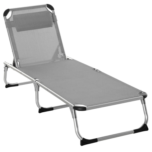 Outsunny Foldable Reclining Sun Lounger Lounge Chair Camping Bed Cot w/ Pillow 4-Level Adjustable Back Aluminium Frame Grey