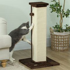 PawHut 81cm Cat Scratcher, Vertical Full Scratcher w/ Natural Sisal Rope, Hanging Ball, Soft Plush - Brown