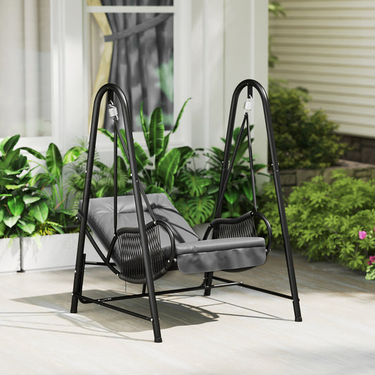 Outsunny Rattan Swing Chair, Outdoor Garden Hanging Swing Seat with Stand and Seat Cushion, Porch Hanging Chair for Balcony, Garden, Deck, Dark Grey