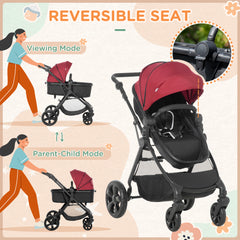 HOMCOM Foldable Baby Stoller, with Reclining Backrest, Adjustable Canopy, for Ages 0-36 Months - Red