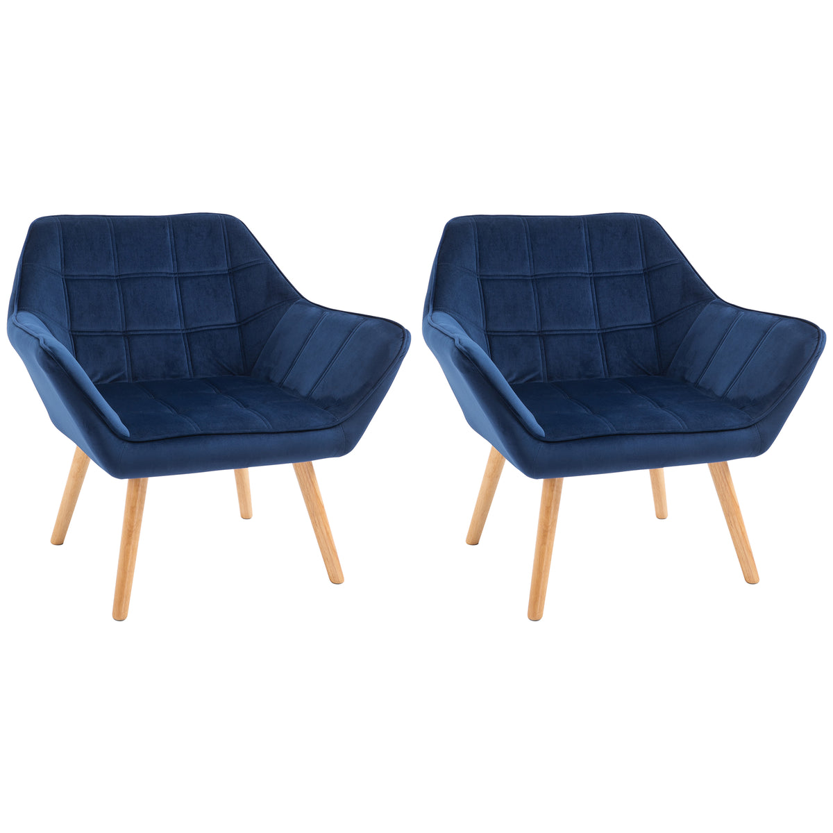 HOMCOM Armchair Accent Chair, Vanity Chair with Wide Arms, Slanted Back, Padding, Metal Frame, Wooden Legs, Home Bedroom Furniture Seating, Set of 2, Blue