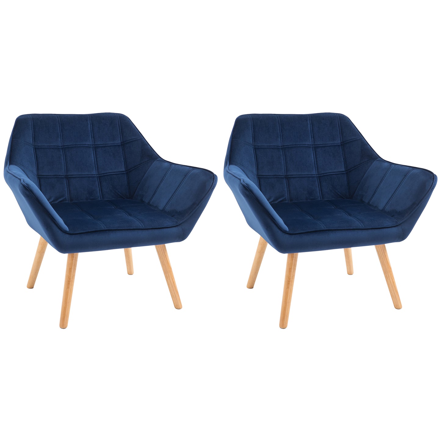 HOMCOM Armchair Accent Chair, Vanity Chair with Wide Arms, Slanted Back, Padding, Metal Frame, Wooden Legs, Home Bedroom Furniture Seating, Set of 2, Blue