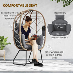 Outsunny Rattan Egg Chair Outdoor Indoor Wicker Chair with Thickened Cushion and Headrest, Standing Garden Egg Chair with Cup Holder, Metal Frame for Patio, Balcony, Brown