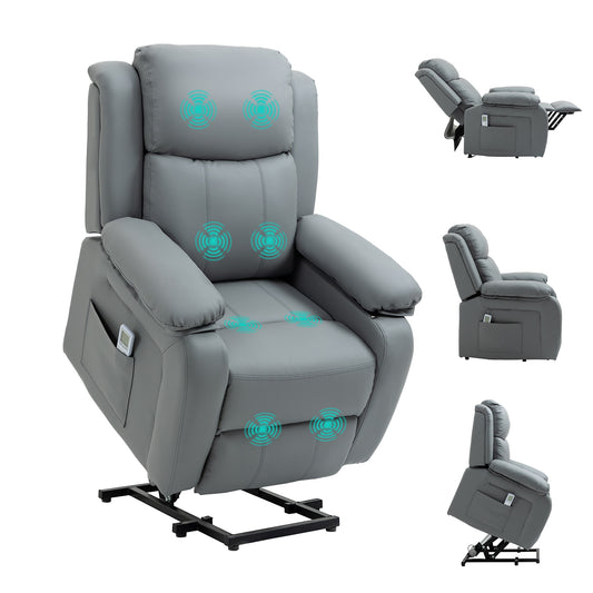 HOMCOM Power Lift Recliner Chair for Elderly, Electric Reclining Chair with with Massage, Heat, Remote Control and Side Pocket, Overstuffed Recliner Armchair, Grey